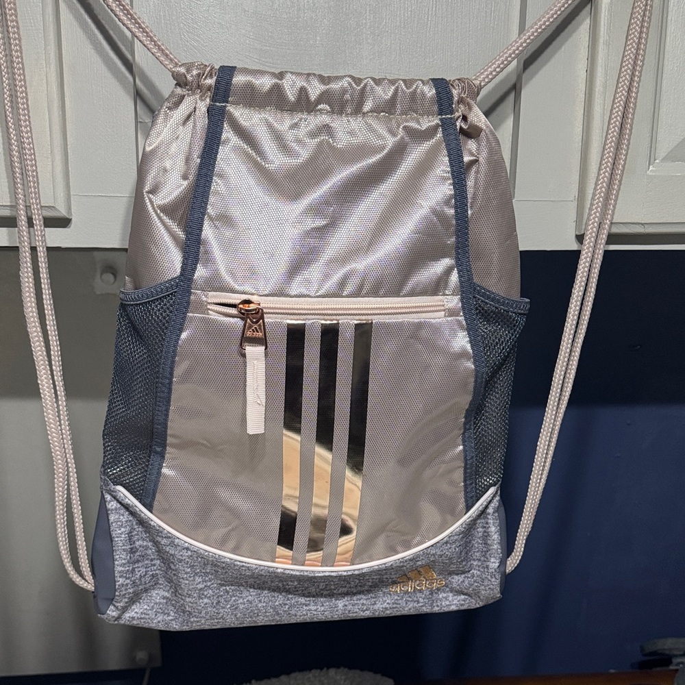 adidas Rose Gold Drawstring Gym Bag with Gray Trim
